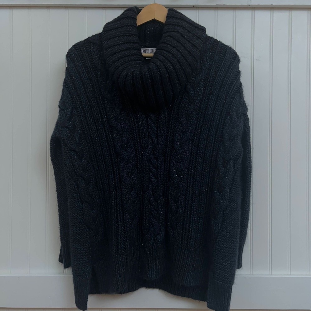 Jennifer Lopez Sweater Navy Cabin Core Cable Knit Cowl Neck Oversized Cozy Warm